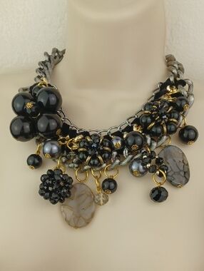 Bold Black Beaded Chunky Silver & Gold Chain Statement Necklace & Earrings